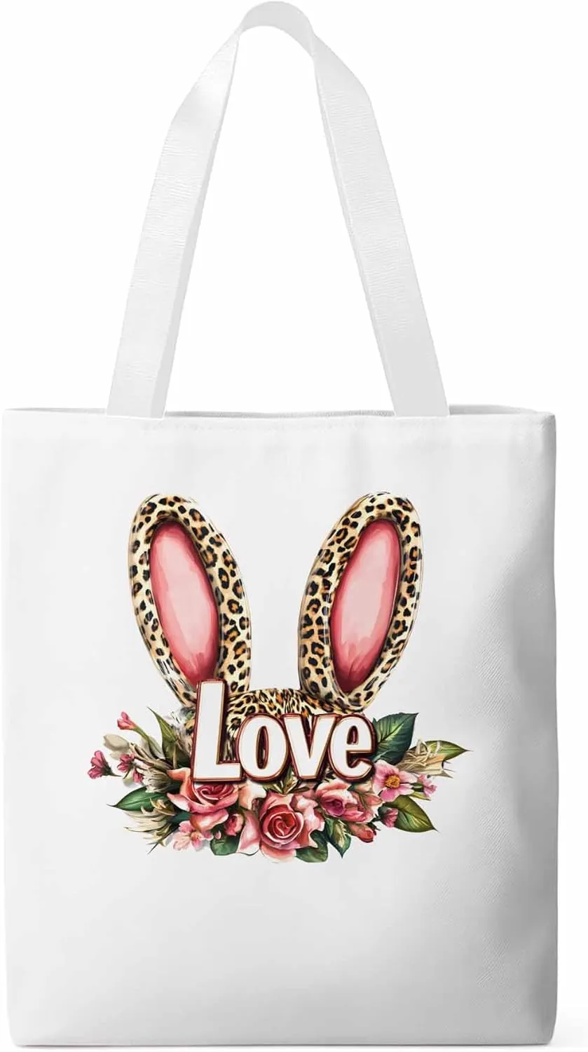 Canvas Tote Bag, Leopard Bunny Floal Print patterned Canvas Tote Handbags for Women Shoulder Bag,