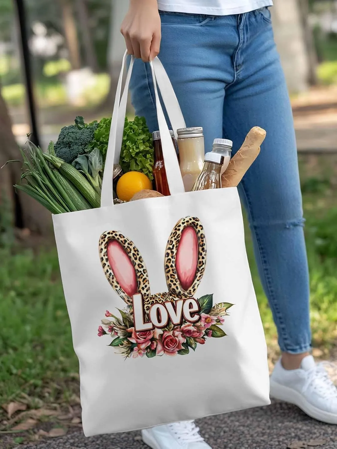 Canvas Tote Bag, Leopard Bunny Floal Print patterned Canvas Tote Handbags for Women Shoulder Bag,