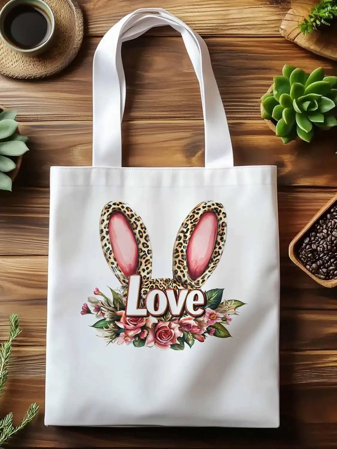 Canvas Tote Bag, Leopard Bunny Floal Print patterned Canvas Tote Handbags for Women Shoulder Bag,
