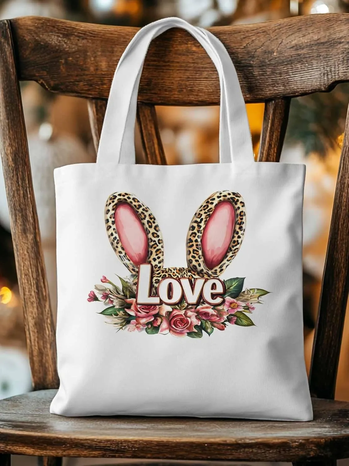 Canvas Tote Bag, Leopard Bunny Floal Print patterned Canvas Tote Handbags for Women Shoulder Bag,