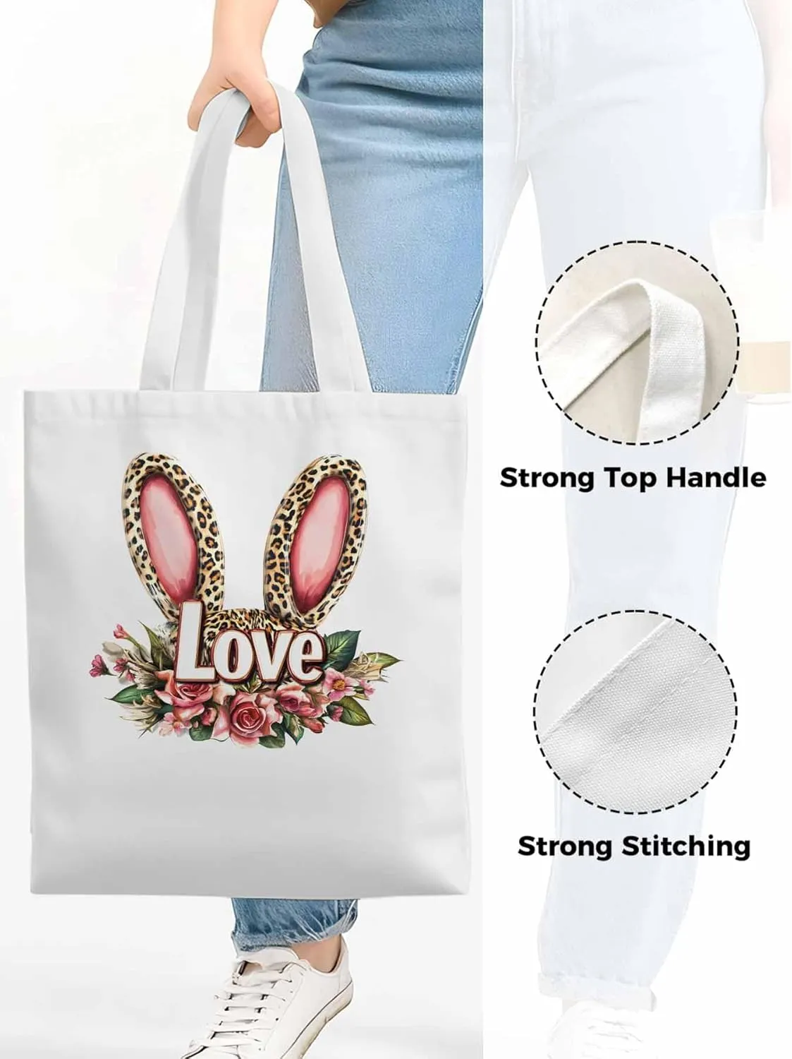 Canvas Tote Bag, Leopard Bunny Floal Print patterned Canvas Tote Handbags for Women Shoulder Bag,