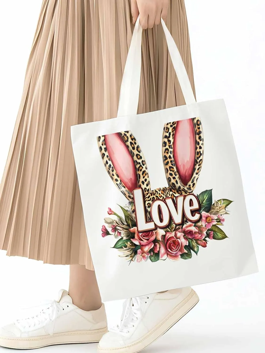 Canvas Tote Bag, Leopard Bunny Floal Print patterned Canvas Tote Handbags for Women Shoulder Bag,