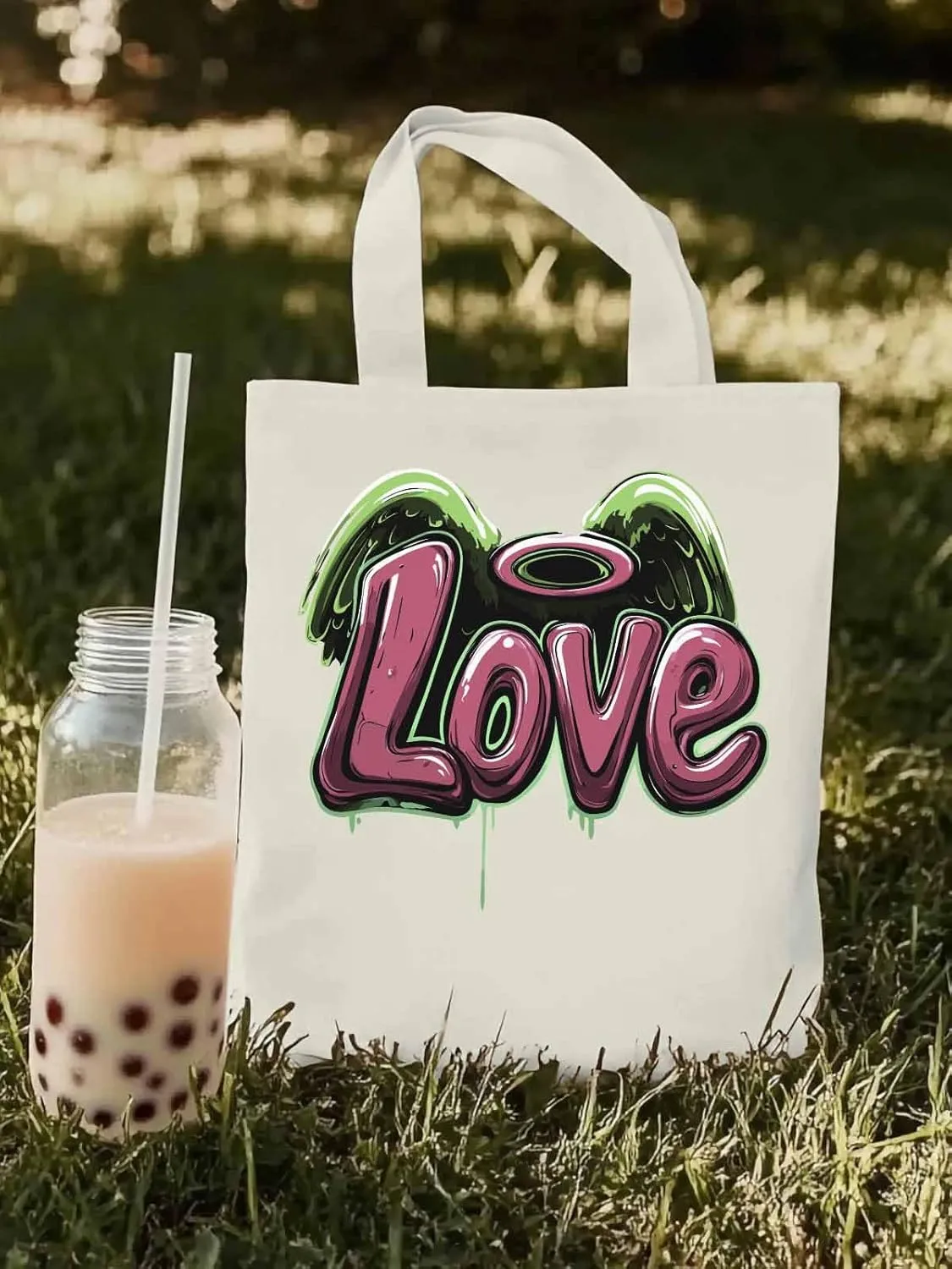 Canvas Tote Bag, Love Graffiti Valentine's Day Aesthetic Canvas Tote Handbags for Women Shoulder Bag