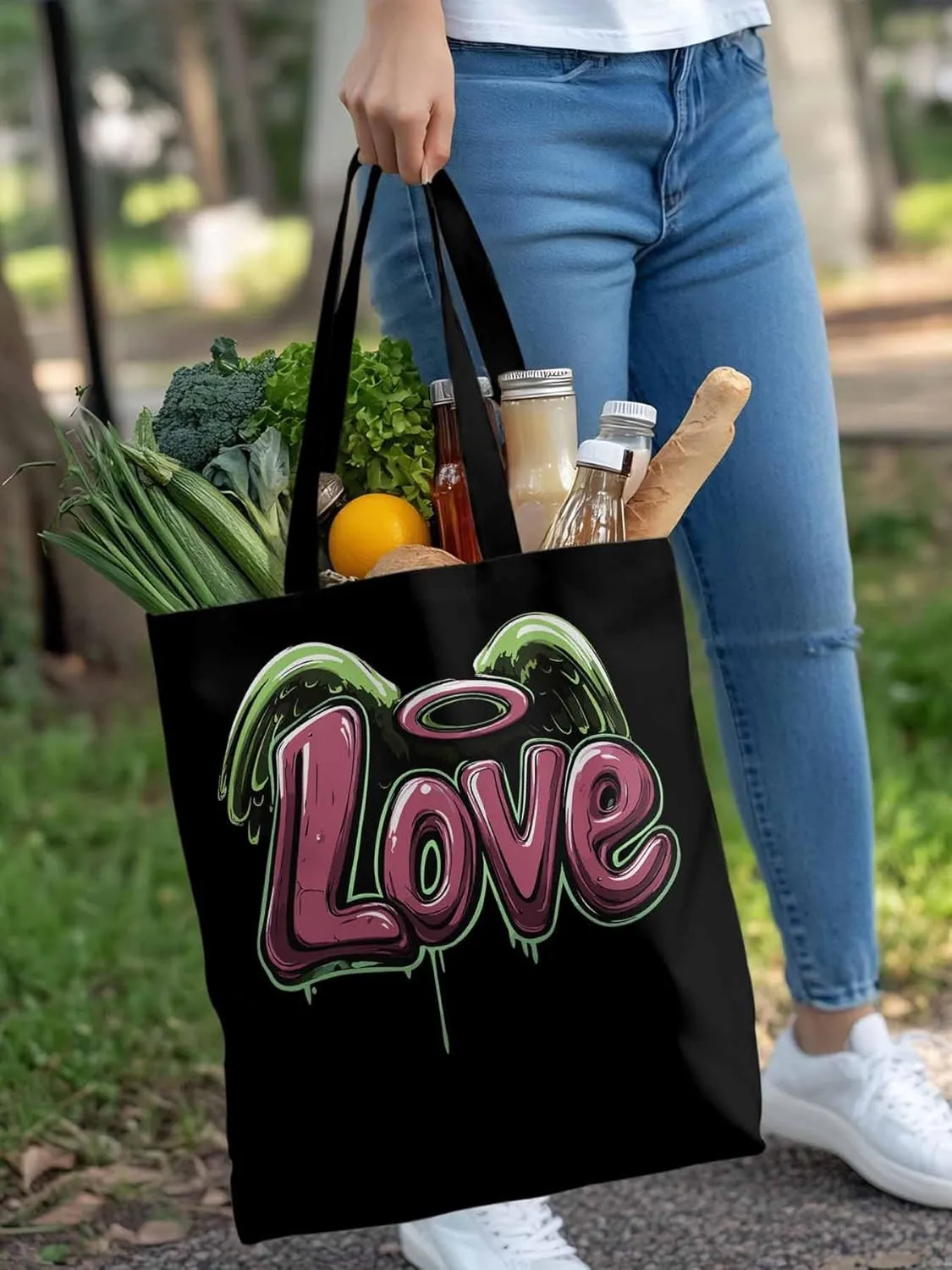 Canvas Tote Bag, Love Graffiti Valentine's Day Aesthetic Canvas Tote Handbags for Women Shoulder Bag