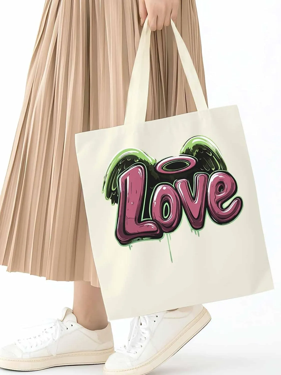 Canvas Tote Bag, Love Graffiti Valentine's Day Aesthetic Canvas Tote Handbags for Women Shoulder Bag