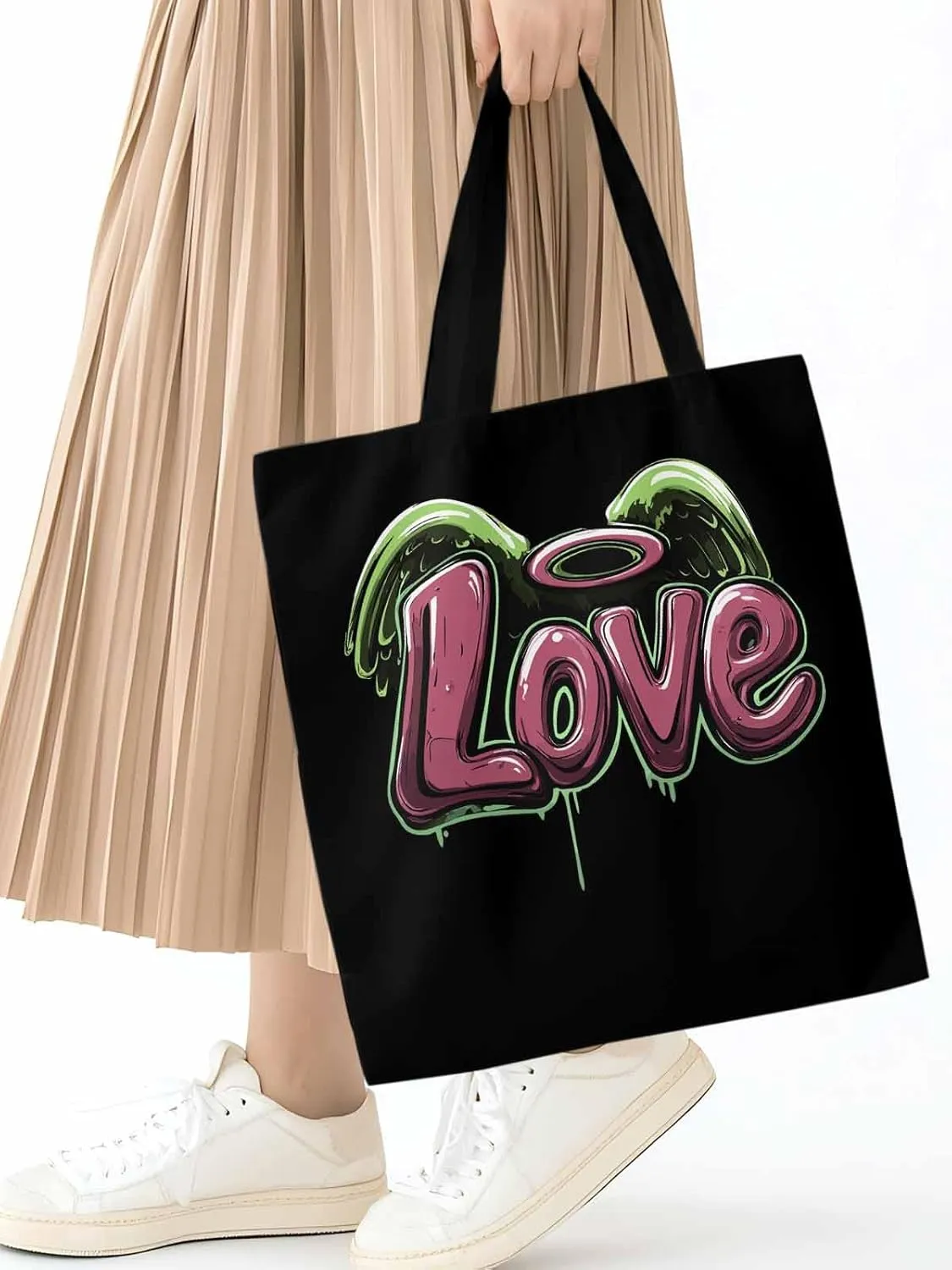 Canvas Tote Bag, Love Graffiti Valentine's Day Aesthetic Canvas Tote Handbags for Women Shoulder Bag