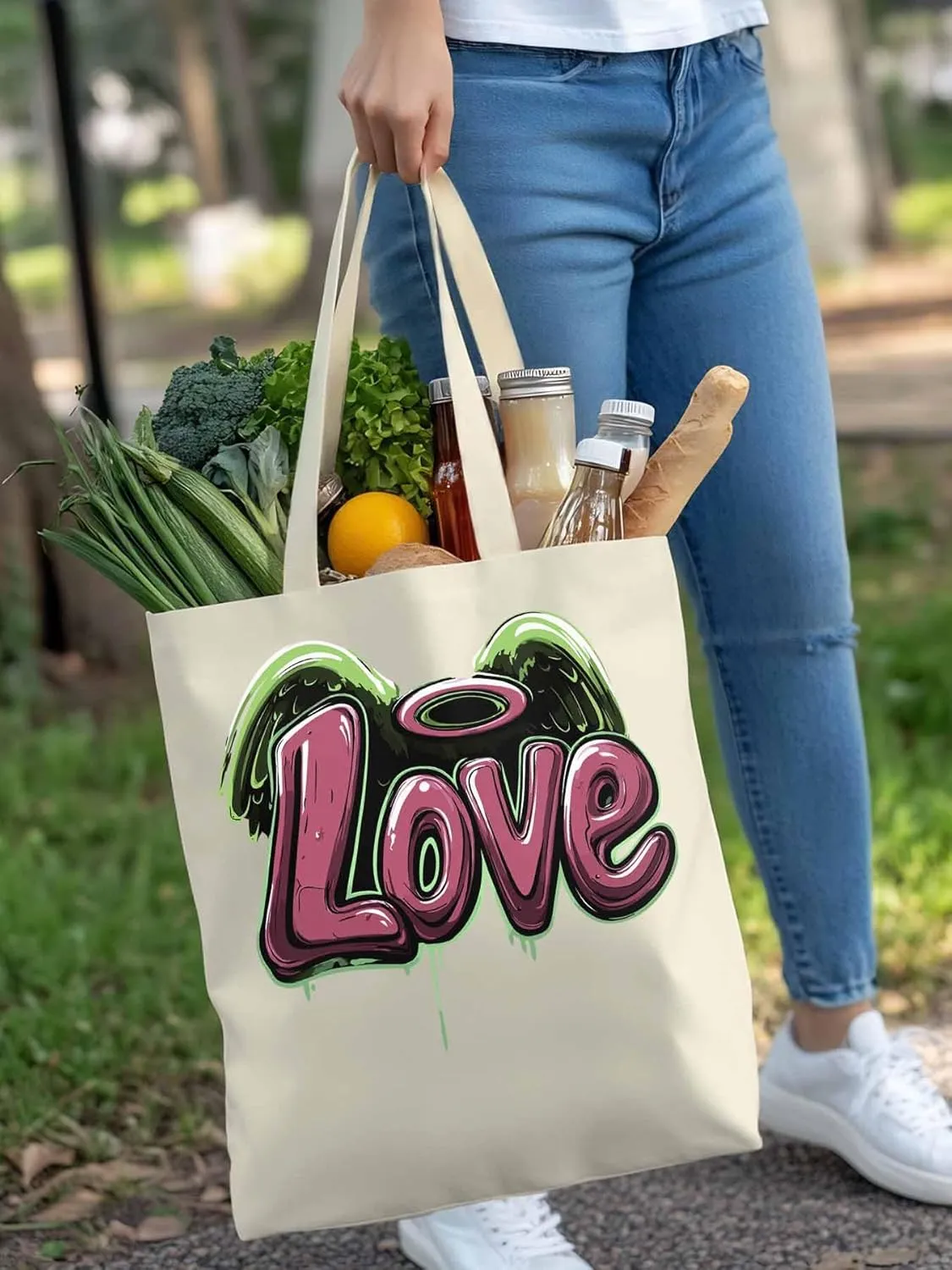 Canvas Tote Bag, Love Graffiti Valentine's Day Aesthetic Canvas Tote Handbags for Women Shoulder Bag