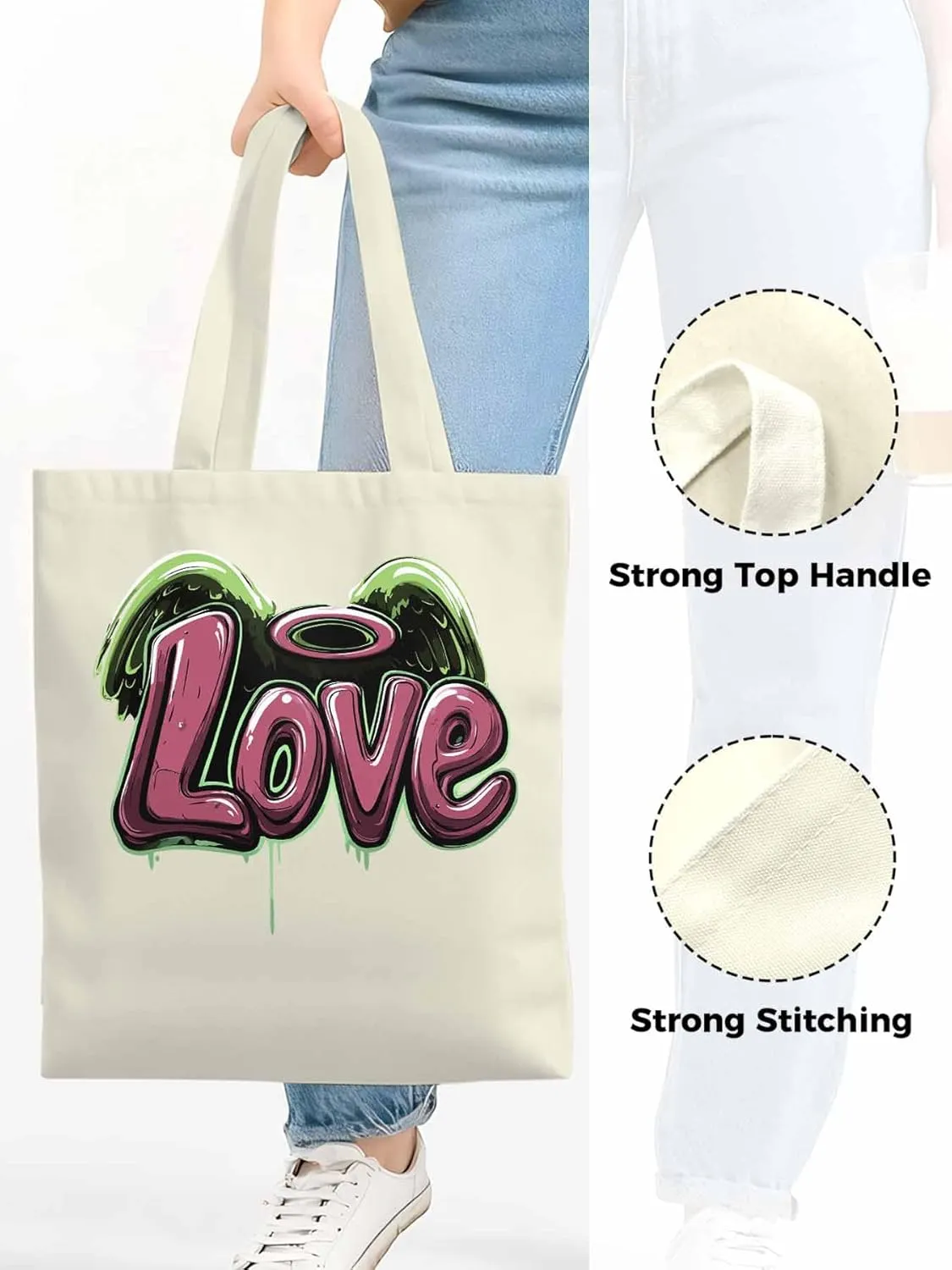 Canvas Tote Bag, Love Graffiti Valentine's Day Aesthetic Canvas Tote Handbags for Women Shoulder Bag
