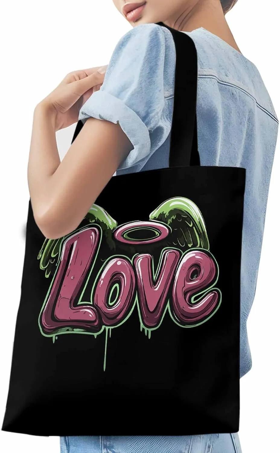 Canvas Tote Bag, Love Graffiti Valentine's Day Aesthetic Canvas Tote Handbags for Women Shoulder Bag