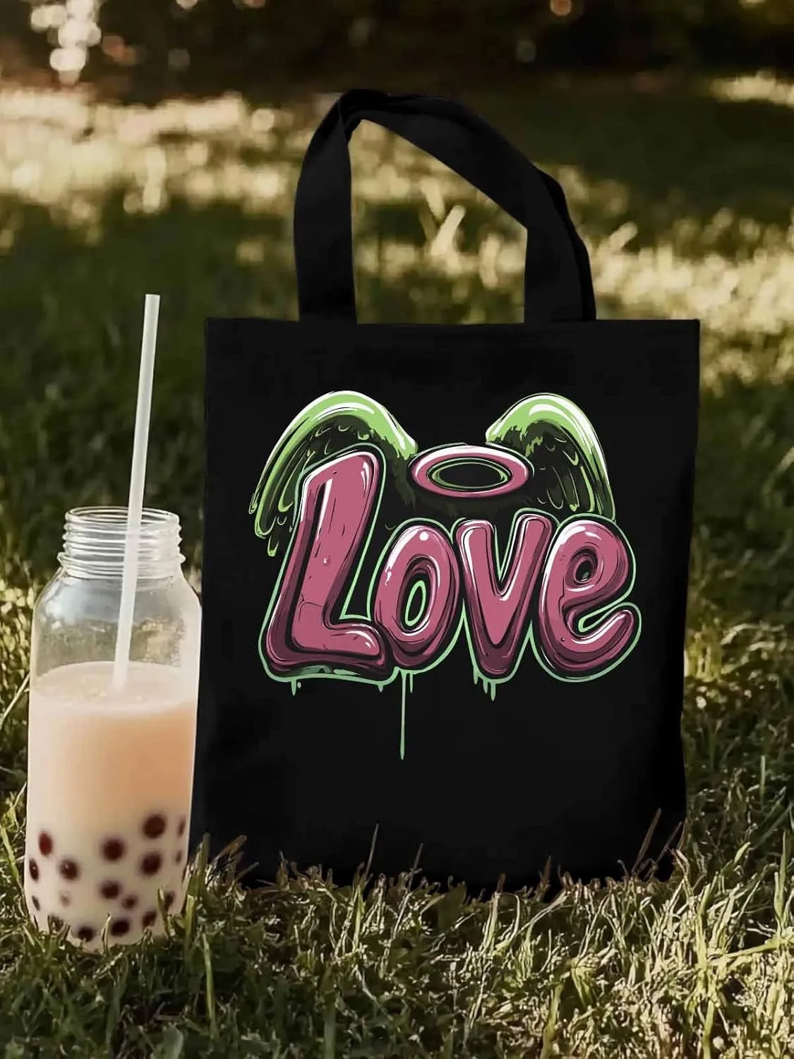 Canvas Tote Bag, Love Graffiti Valentine's Day Aesthetic Canvas Tote Handbags for Women Shoulder Bag