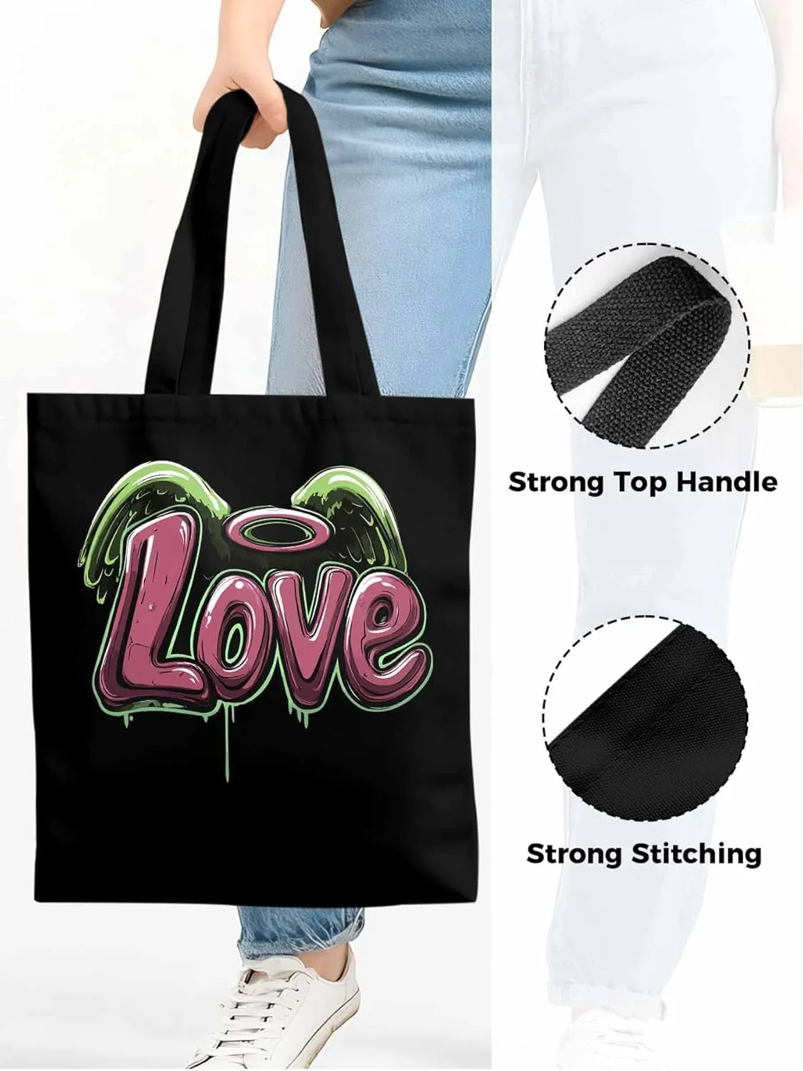 Canvas Tote Bag, Love Graffiti Valentine's Day Aesthetic Canvas Tote Handbags for Women Shoulder Bag