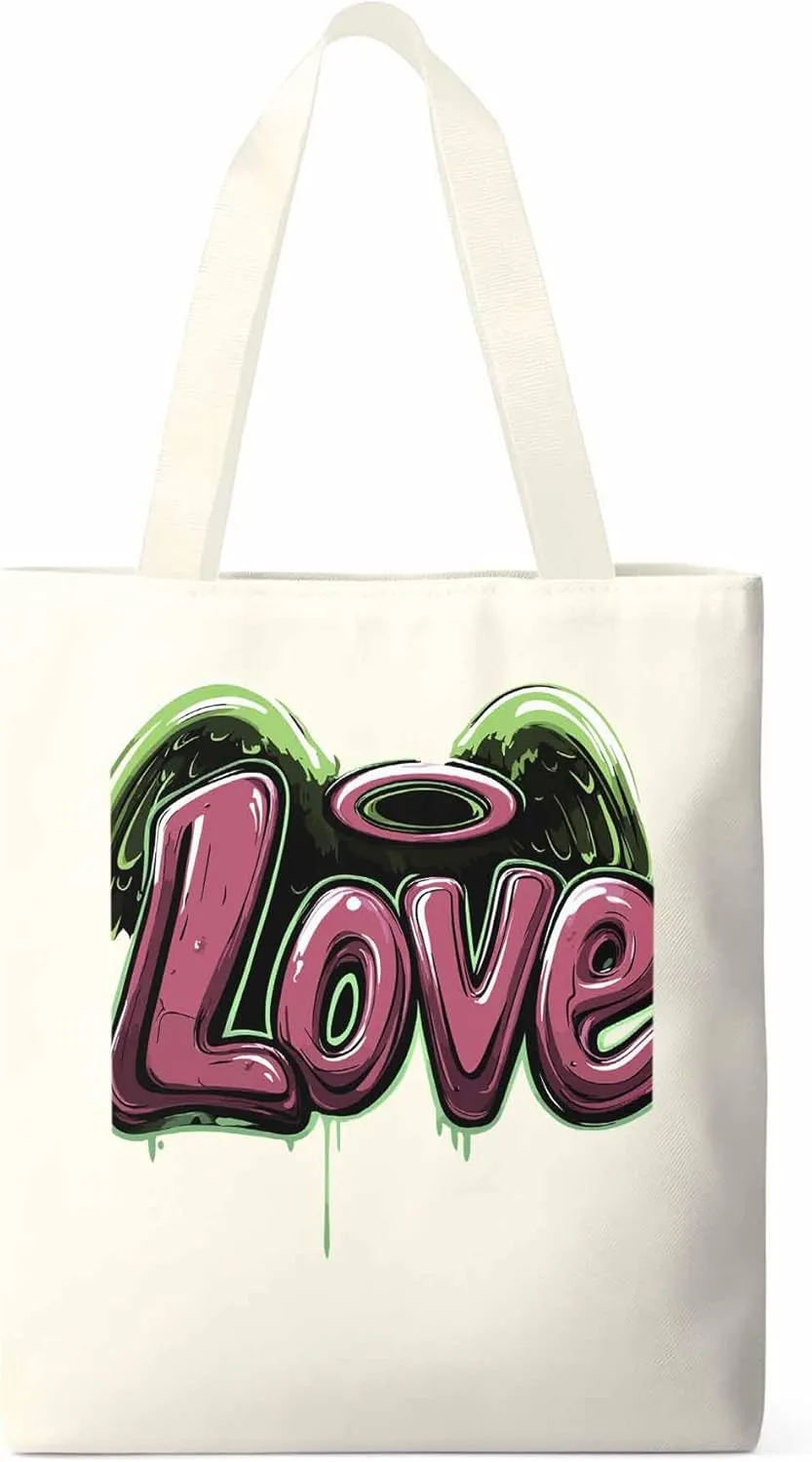 Canvas Tote Bag, Love Graffiti Valentine's Day Aesthetic Canvas Tote Handbags for Women Shoulder Bag