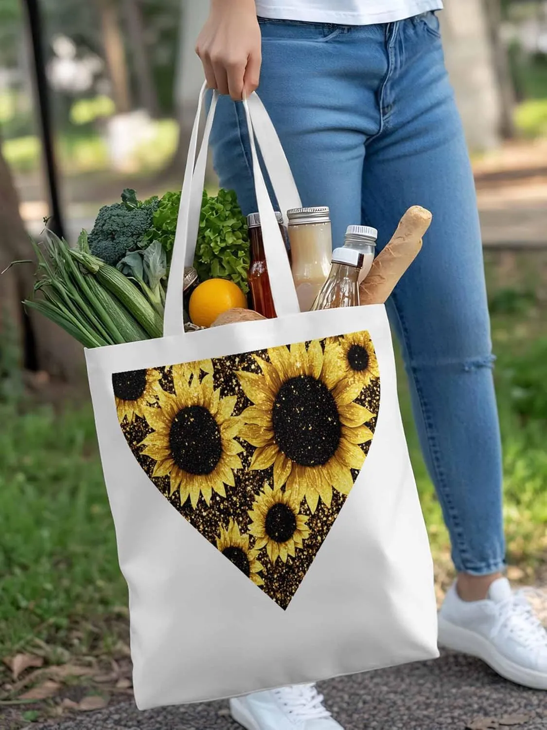 Canvas Tote Bag, Love Heart Sunflower patterned Canvas Tote Handbags for Women Shoulder Bag,