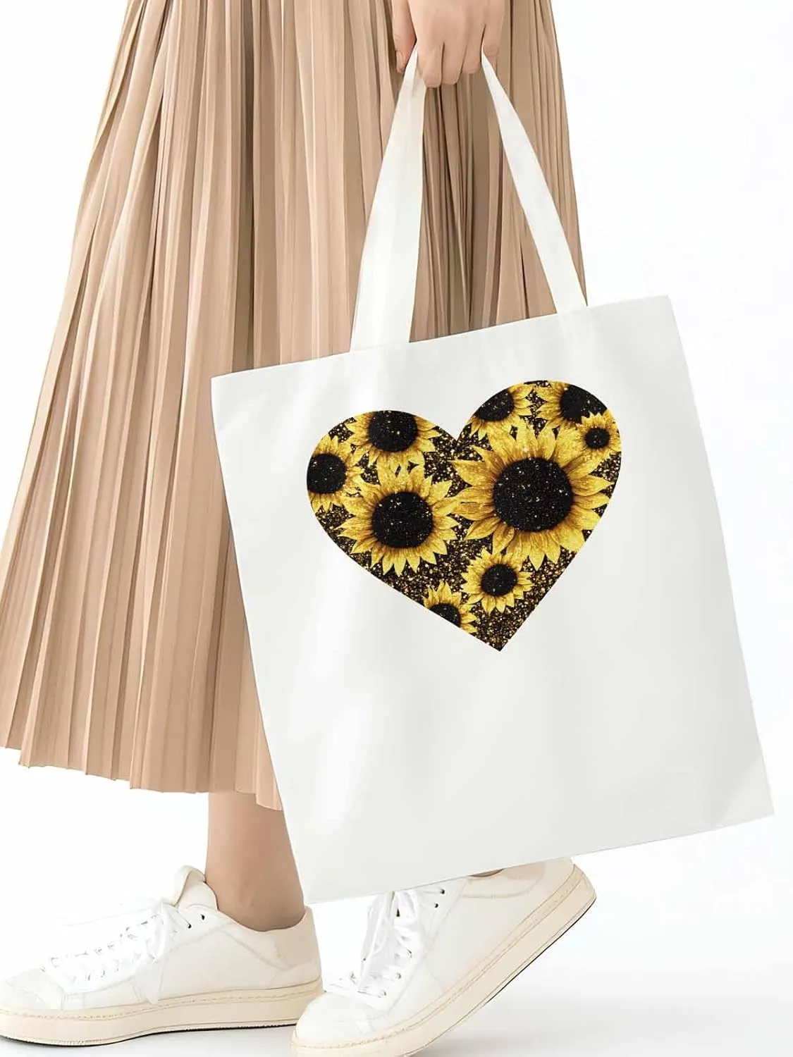 Canvas Tote Bag, Love Heart Sunflower patterned Canvas Tote Handbags for Women Shoulder Bag,