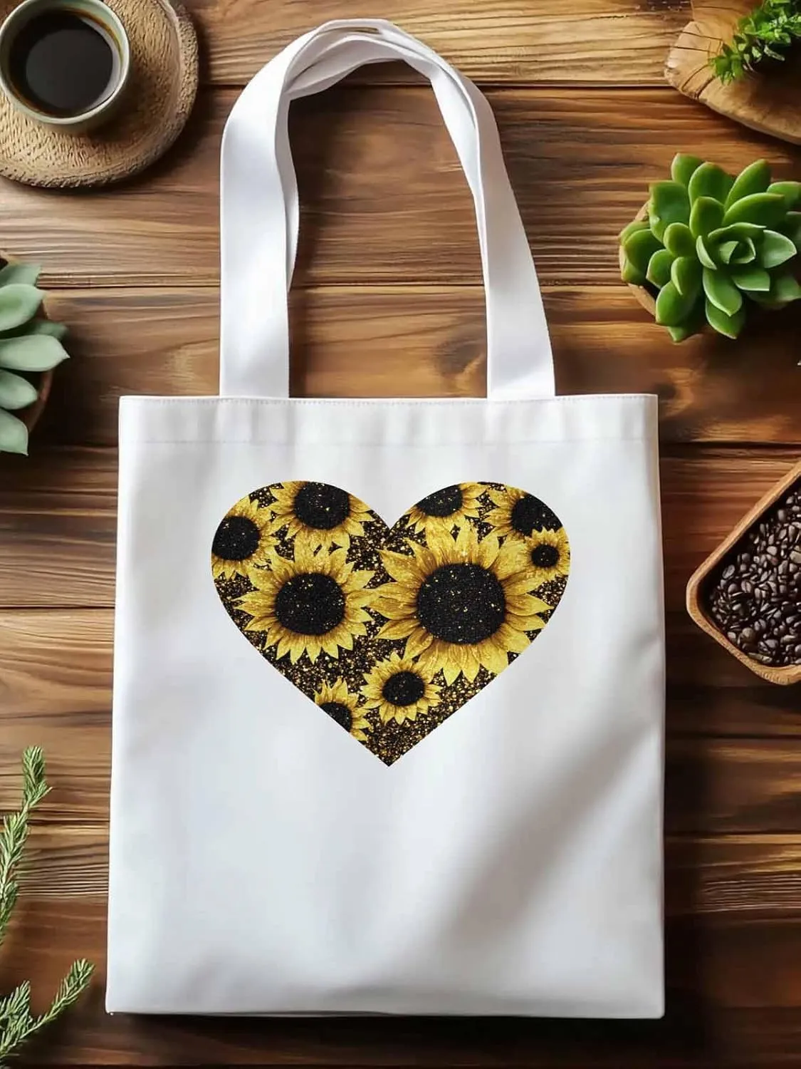 Canvas Tote Bag, Love Heart Sunflower patterned Canvas Tote Handbags for Women Shoulder Bag,