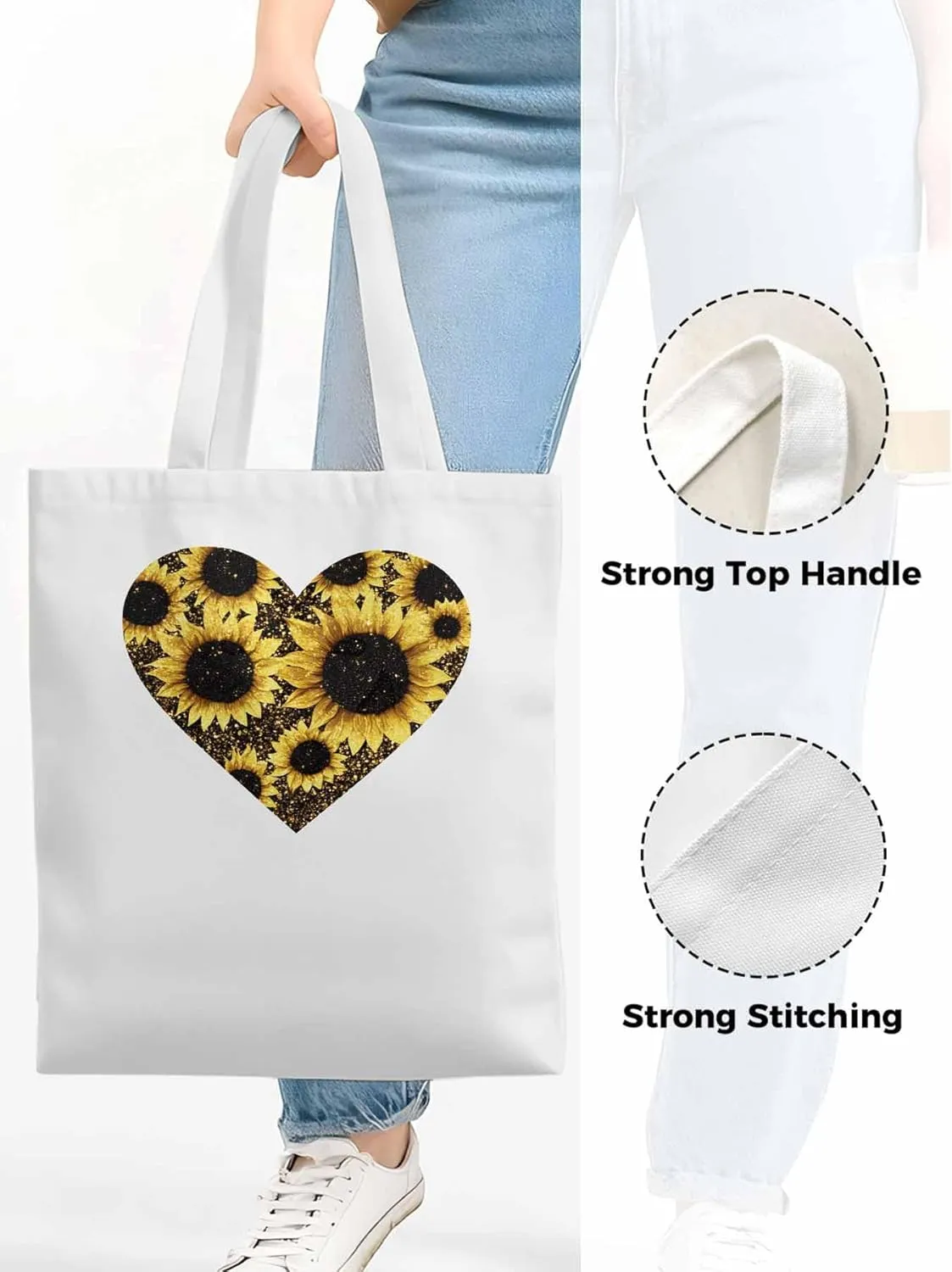 Canvas Tote Bag, Love Heart Sunflower patterned Canvas Tote Handbags for Women Shoulder Bag,