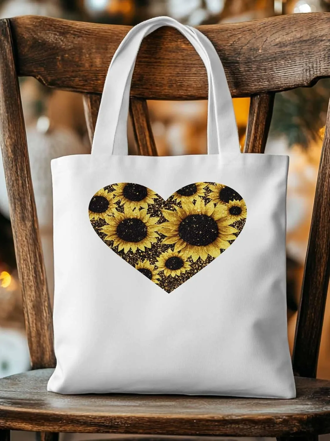 Canvas Tote Bag, Love Heart Sunflower patterned Canvas Tote Handbags for Women Shoulder Bag,