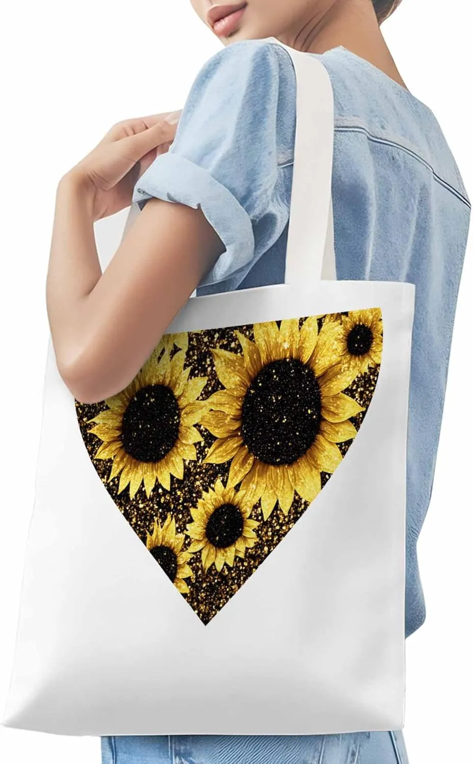 Canvas Tote Bag, Love Heart Sunflower patterned Canvas Tote Handbags for Women Shoulder Bag,