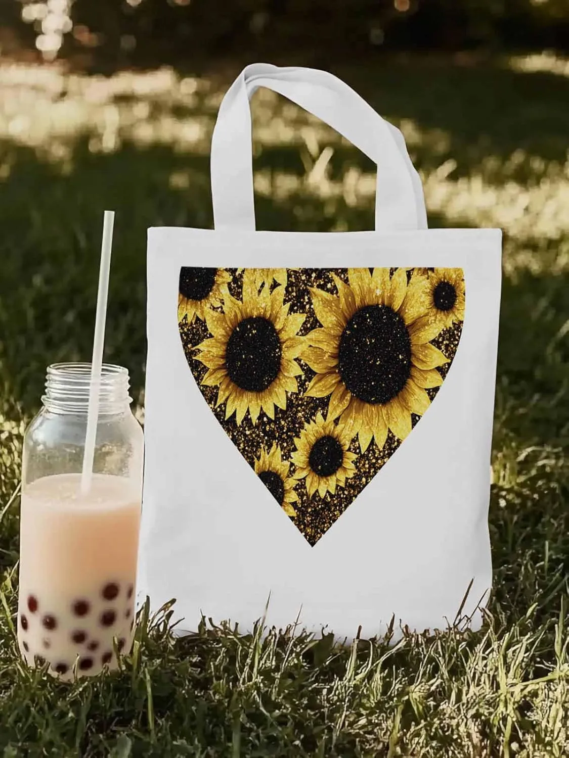 Canvas Tote Bag, Love Heart Sunflower patterned Canvas Tote Handbags for Women Shoulder Bag,