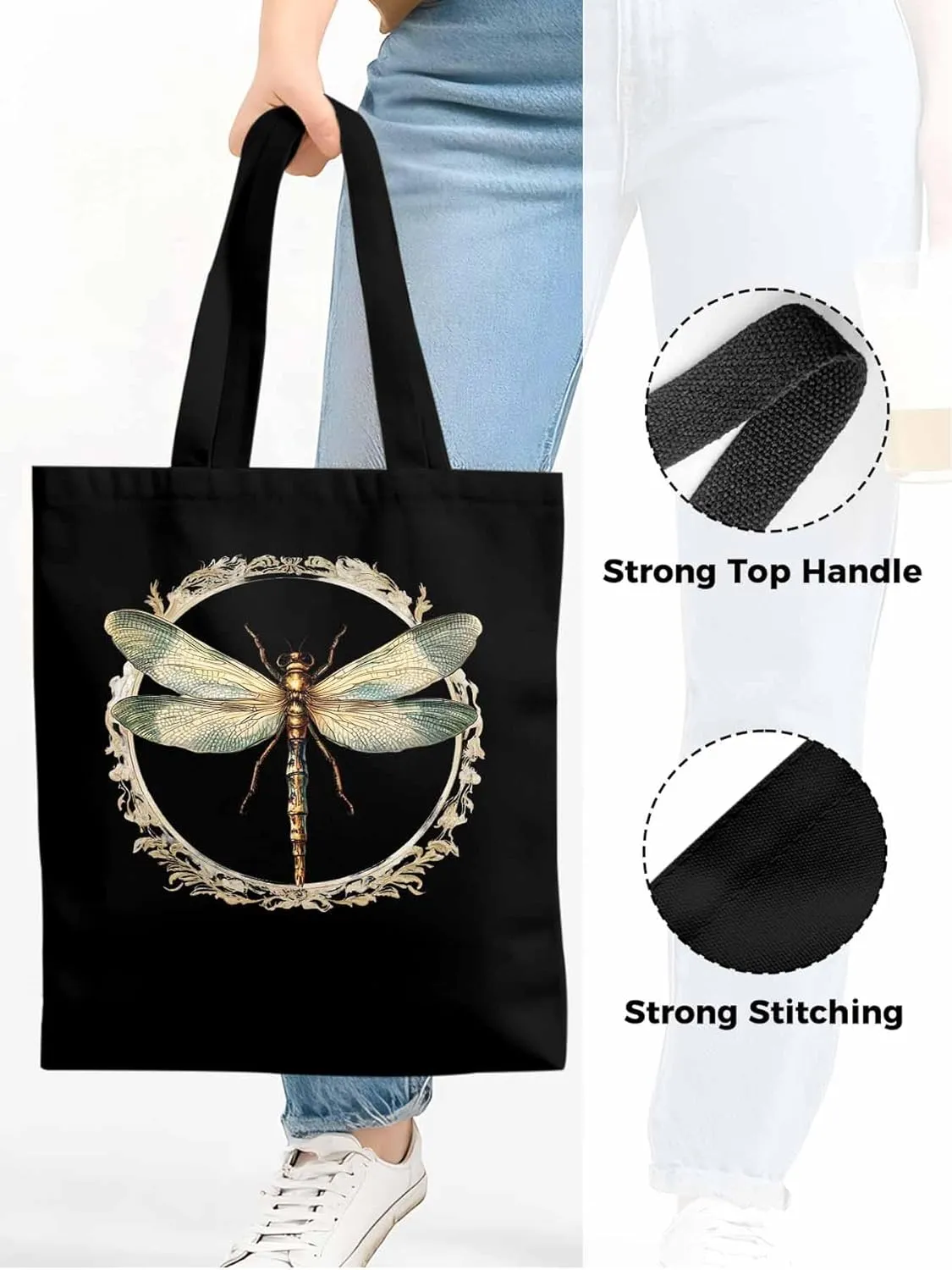 Canvas Tote Bag, Mid Century Dragonfly patterned Canvas Tote Handbags for Women Shoulder Bag,