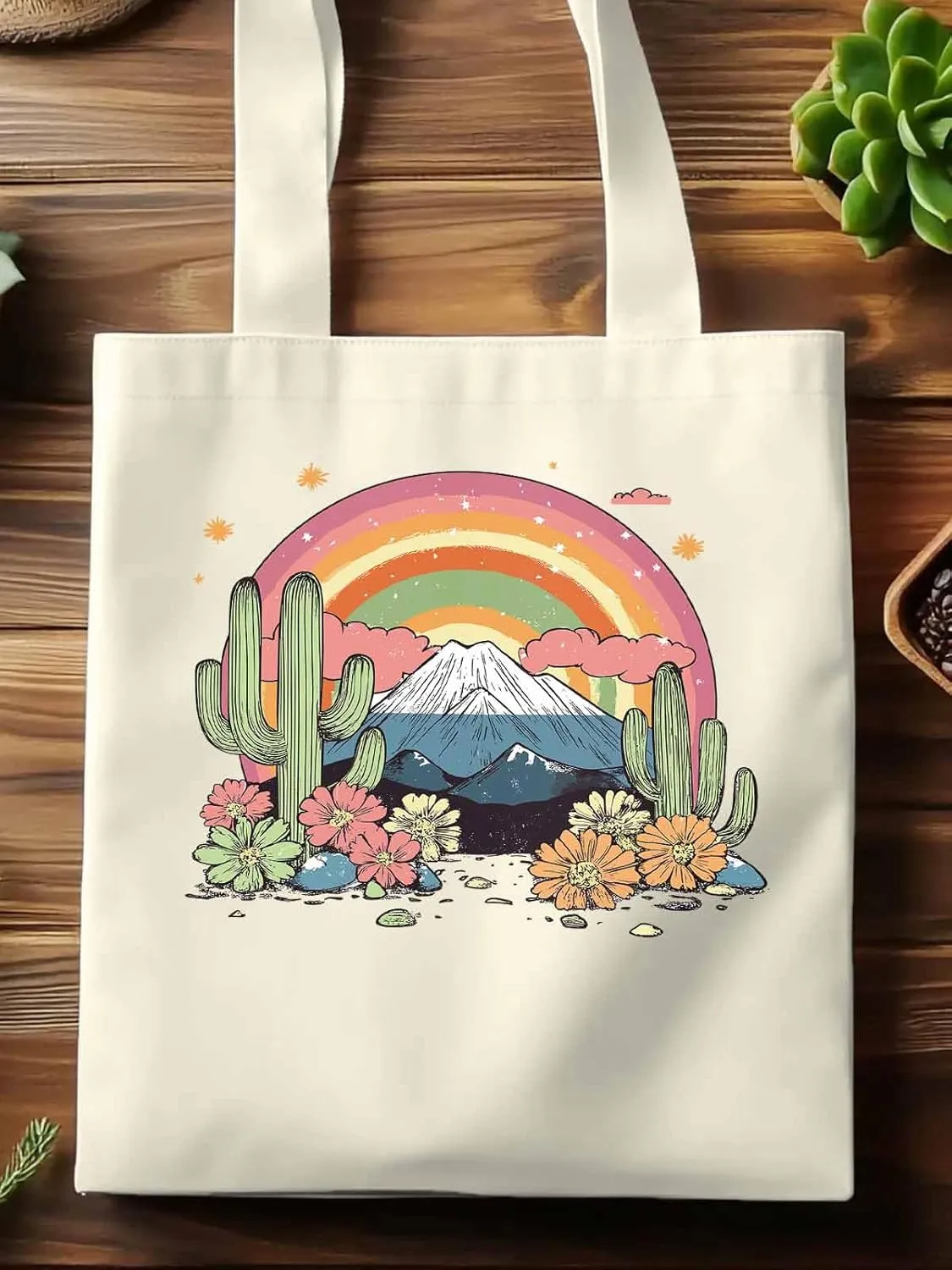 Canvas Tote Bag, Mountain Rainbow Western Cactus Floral patterned Canvas Tote Handbags for Women Shoulder Bag,