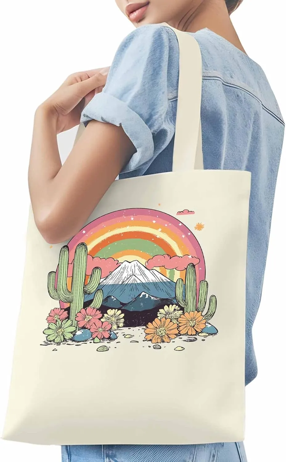 Canvas Tote Bag, Mountain Rainbow Western Cactus Floral patterned Canvas Tote Handbags for Women Shoulder Bag,