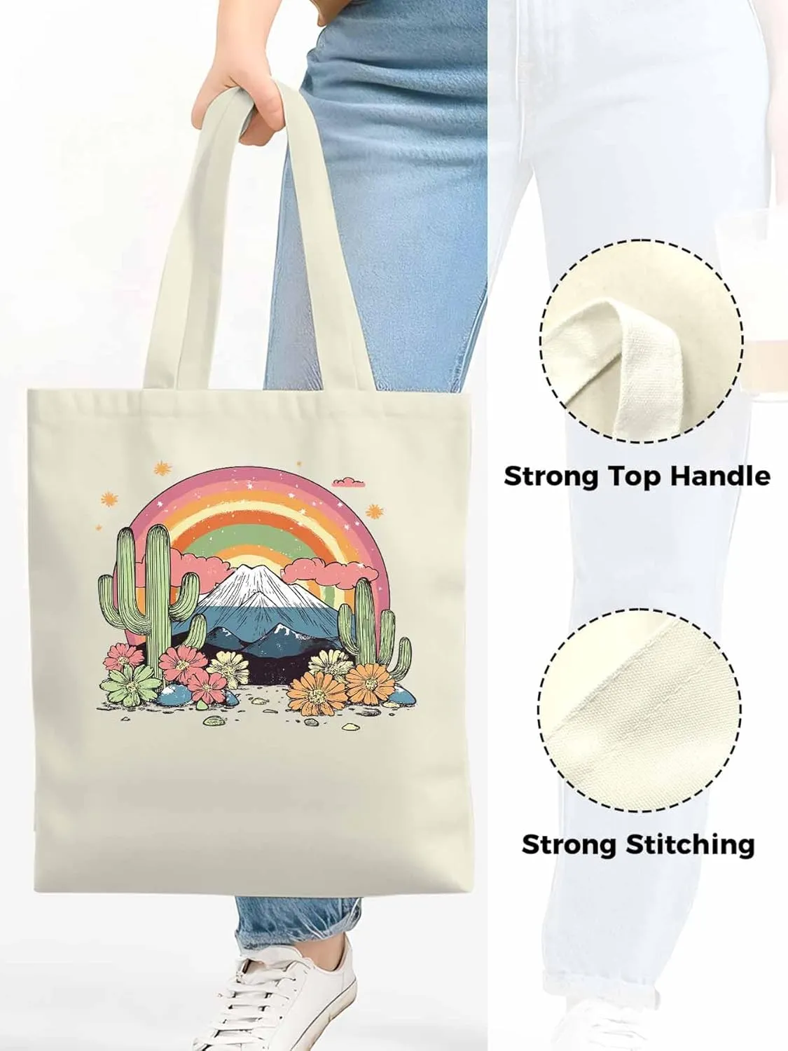 Canvas Tote Bag, Mountain Rainbow Western Cactus Floral patterned Canvas Tote Handbags for Women Shoulder Bag,