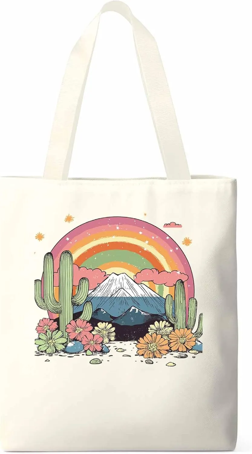 Canvas Tote Bag, Mountain Rainbow Western Cactus Floral patterned Canvas Tote Handbags for Women Shoulder Bag,