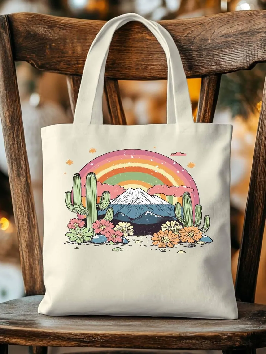 Canvas Tote Bag, Mountain Rainbow Western Cactus Floral patterned Canvas Tote Handbags for Women Shoulder Bag,
