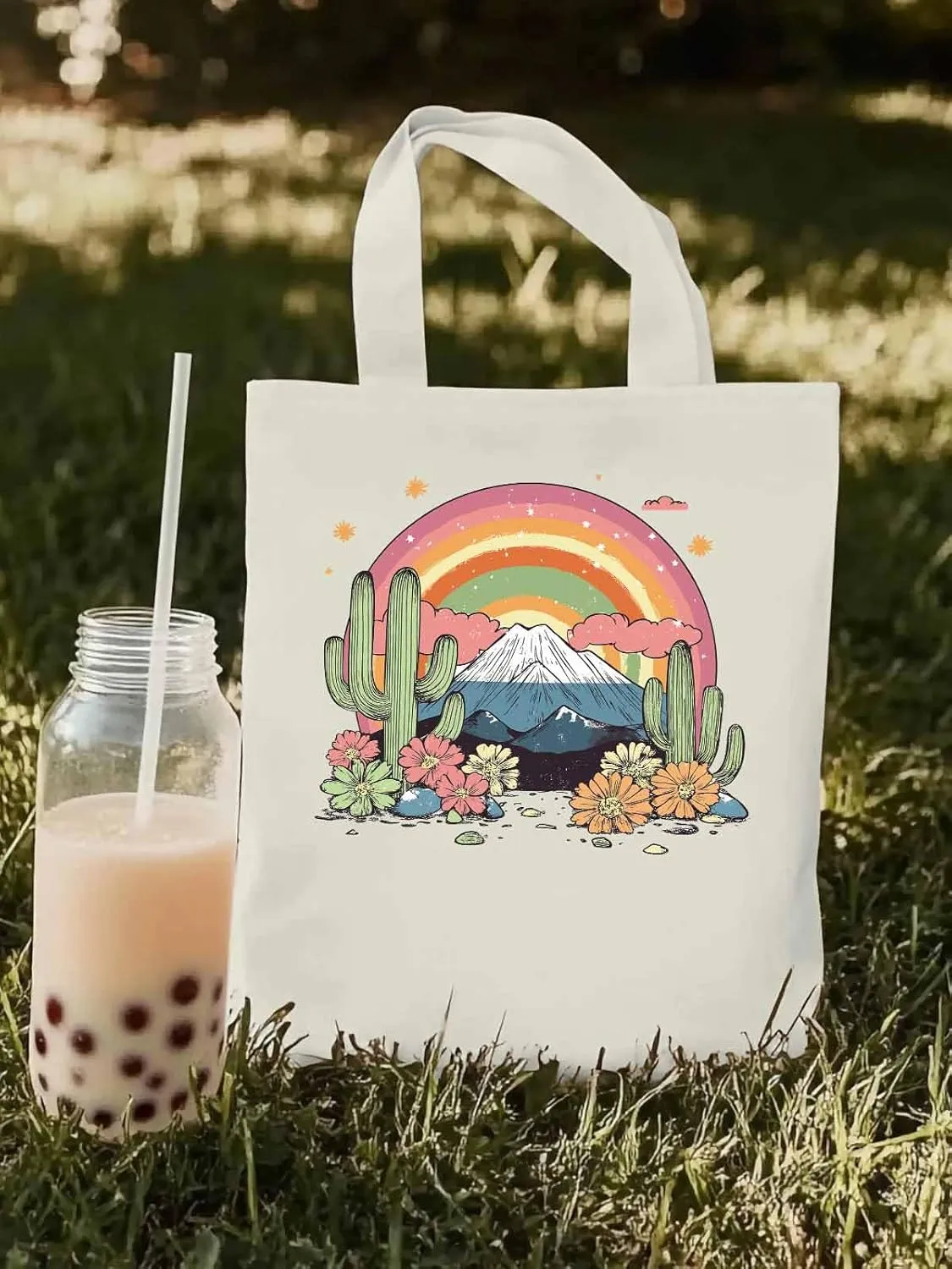 Canvas Tote Bag, Mountain Rainbow Western Cactus Floral patterned Canvas Tote Handbags for Women Shoulder Bag,