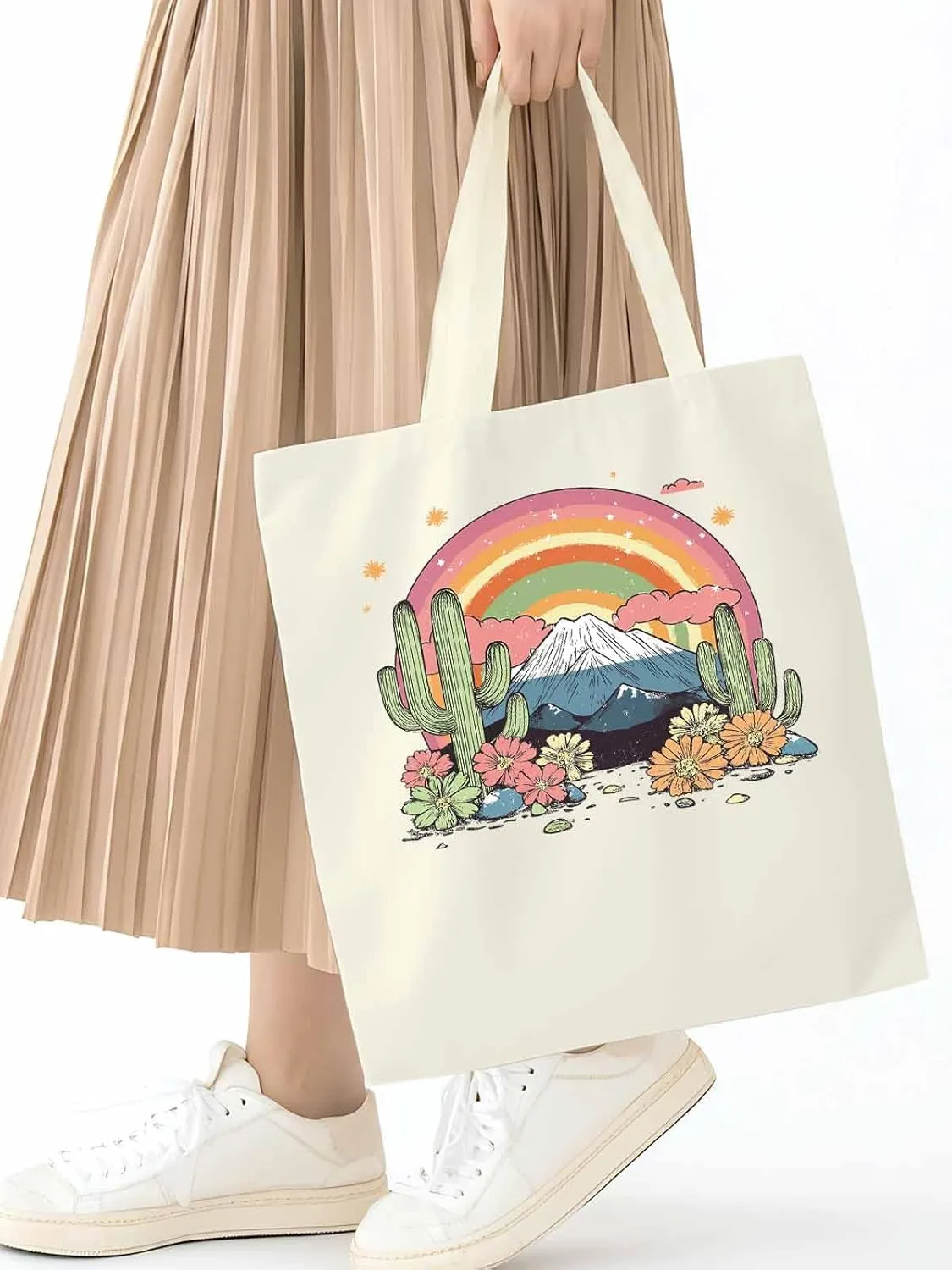 Canvas Tote Bag, Mountain Rainbow Western Cactus Floral patterned Canvas Tote Handbags for Women Shoulder Bag,
