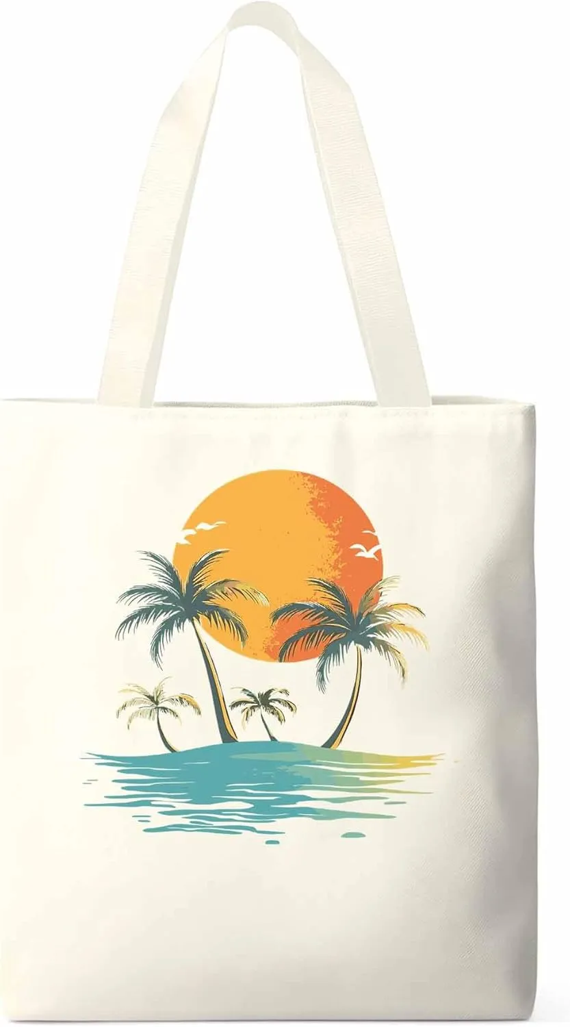 Canvas Tote Bag, Ocean Coconut Tree Orange Sun Beach patterned Canvas Tote Handbags for Women Shoulder Bag,