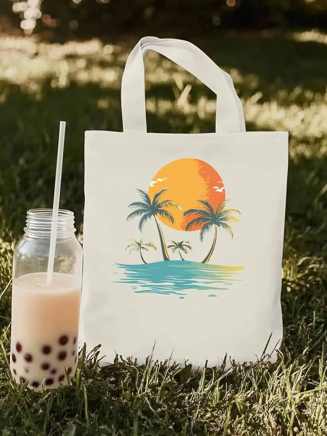Canvas Tote Bag, Ocean Coconut Tree Orange Sun Beach patterned Canvas Tote Handbags for Women Shoulder Bag,