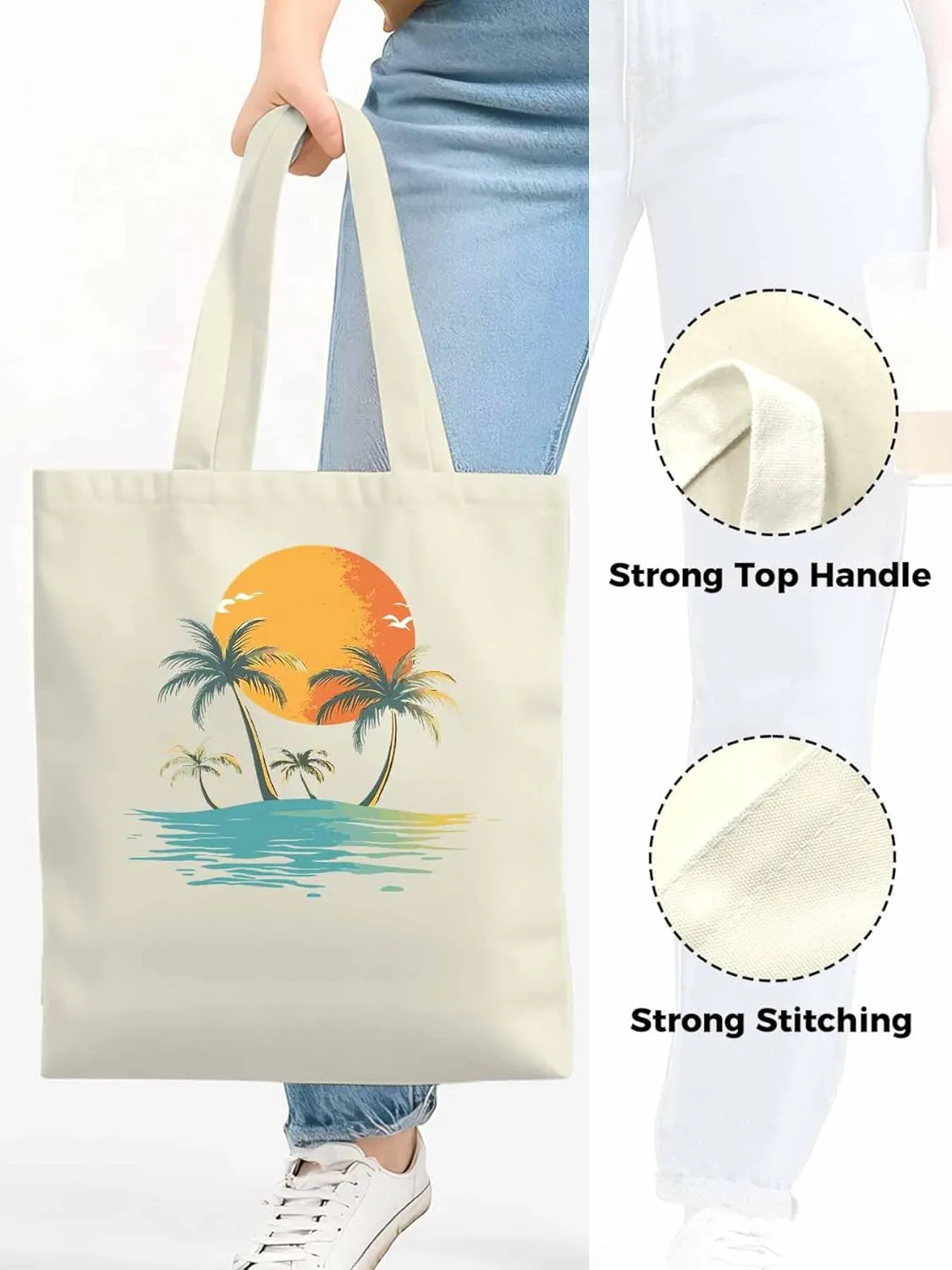 Canvas Tote Bag, Ocean Coconut Tree Orange Sun Beach patterned Canvas Tote Handbags for Women Shoulder Bag,