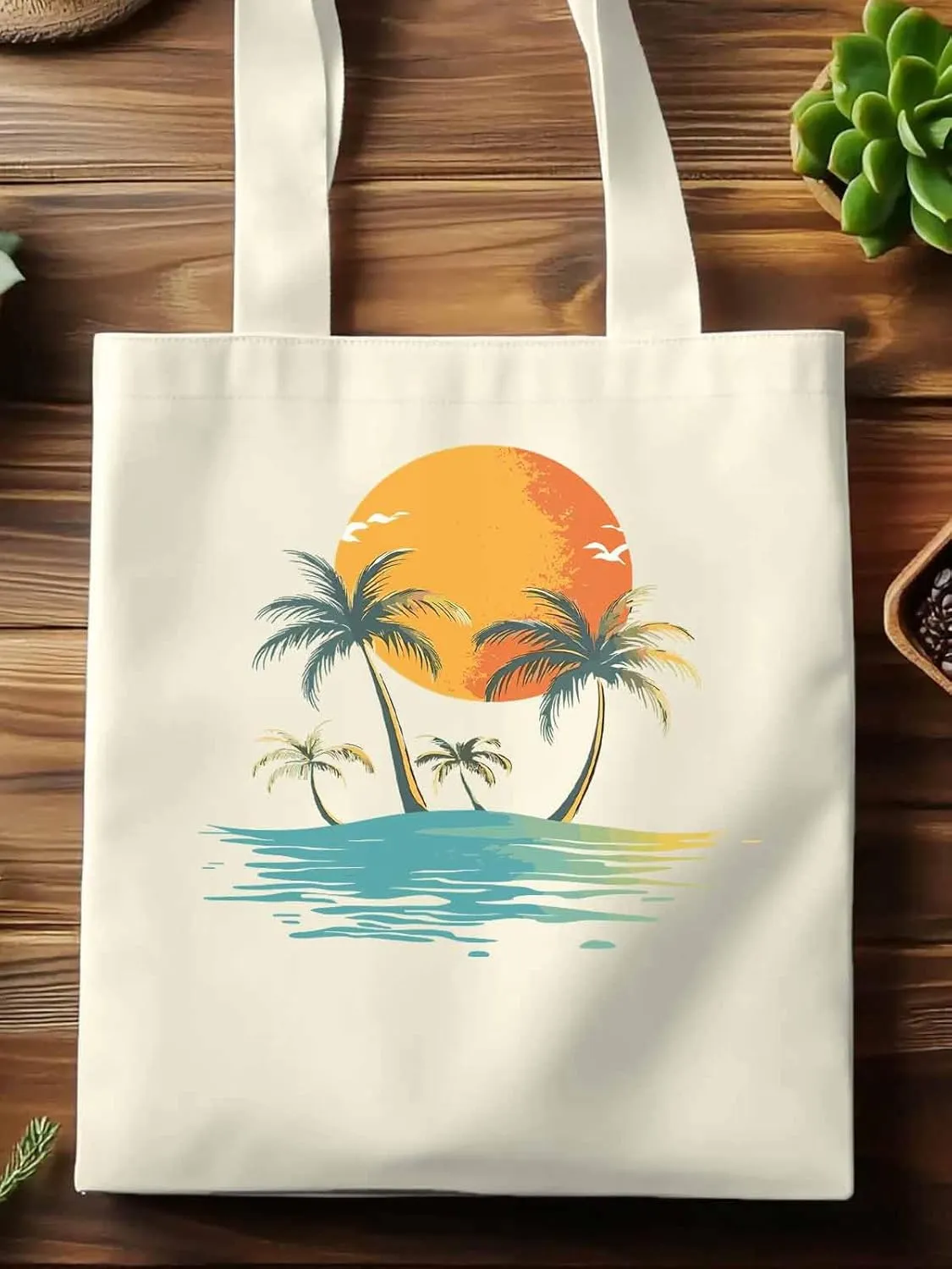 Canvas Tote Bag, Ocean Coconut Tree Orange Sun Beach patterned Canvas Tote Handbags for Women Shoulder Bag,