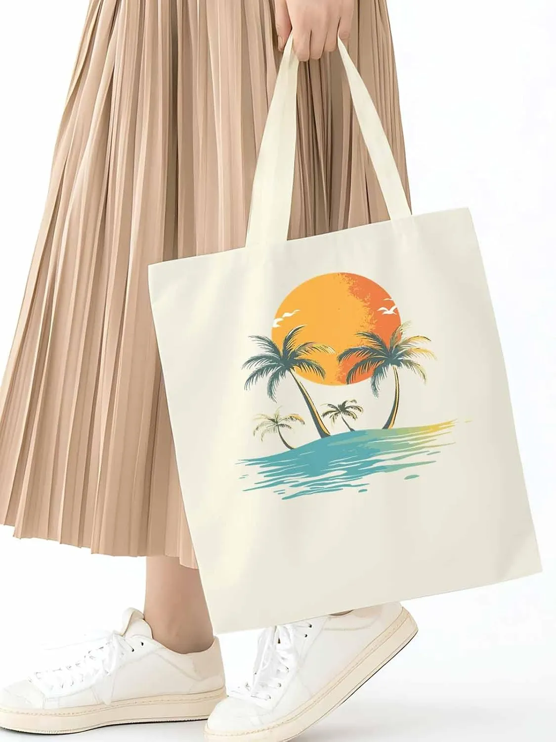 Canvas Tote Bag, Ocean Coconut Tree Orange Sun Beach patterned Canvas Tote Handbags for Women Shoulder Bag,