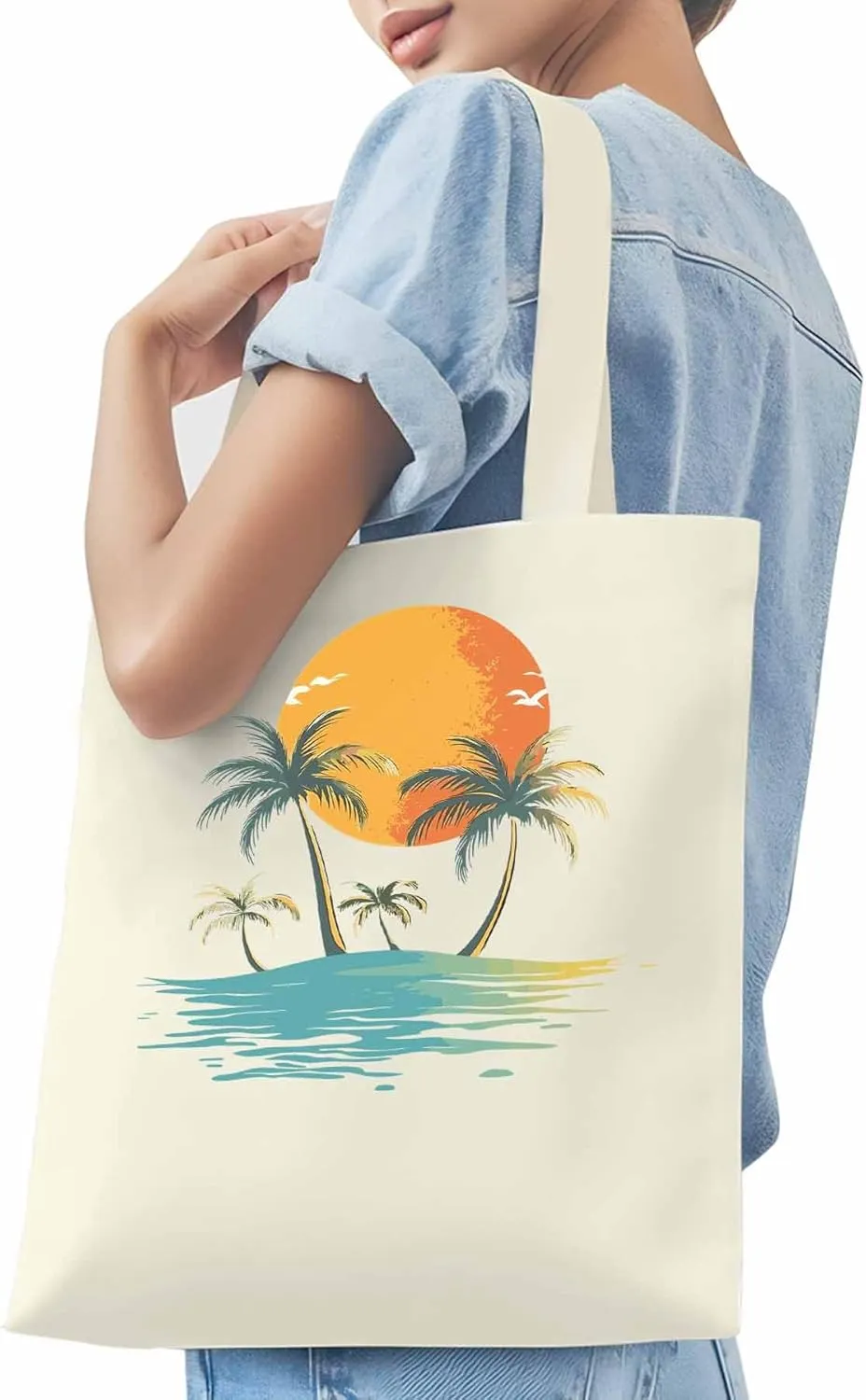 Canvas Tote Bag, Ocean Coconut Tree Orange Sun Beach patterned Canvas Tote Handbags for Women Shoulder Bag,