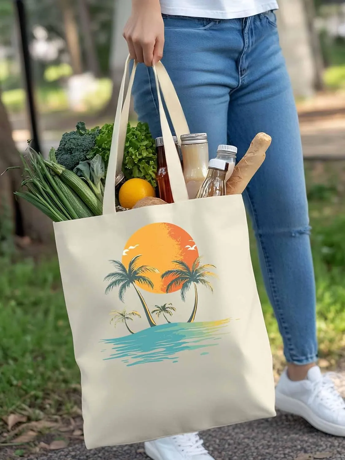 Canvas Tote Bag, Ocean Coconut Tree Orange Sun Beach patterned Canvas Tote Handbags for Women Shoulder Bag,