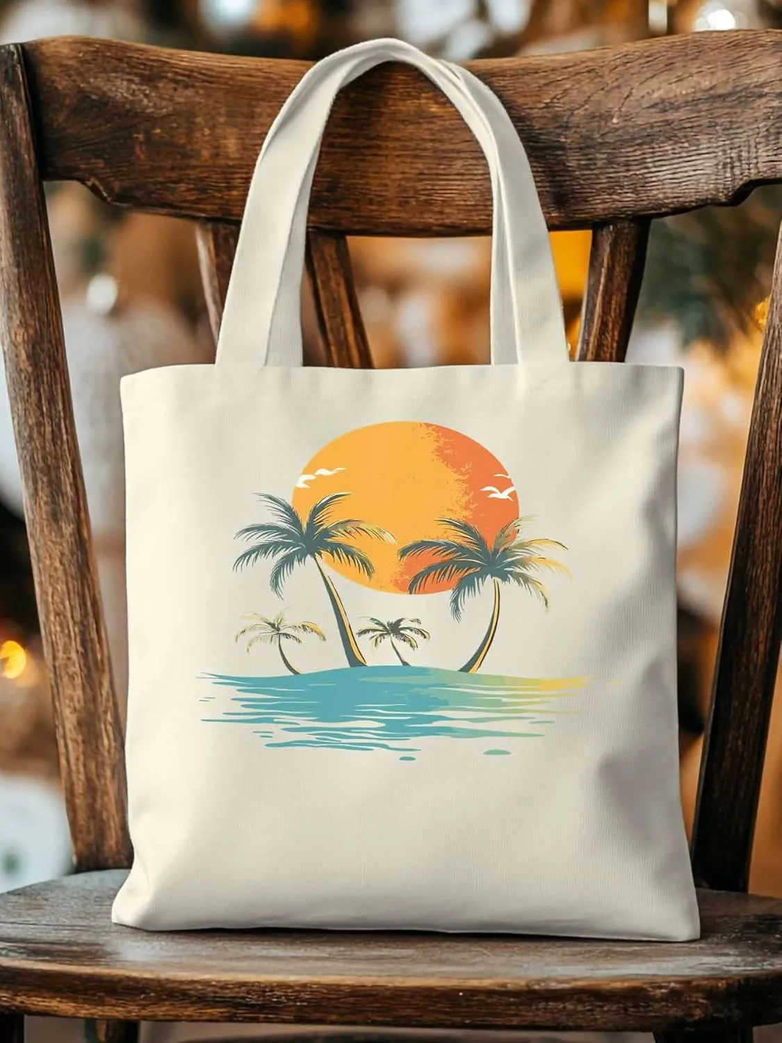 Canvas Tote Bag, Ocean Coconut Tree Orange Sun Beach patterned Canvas Tote Handbags for Women Shoulder Bag,