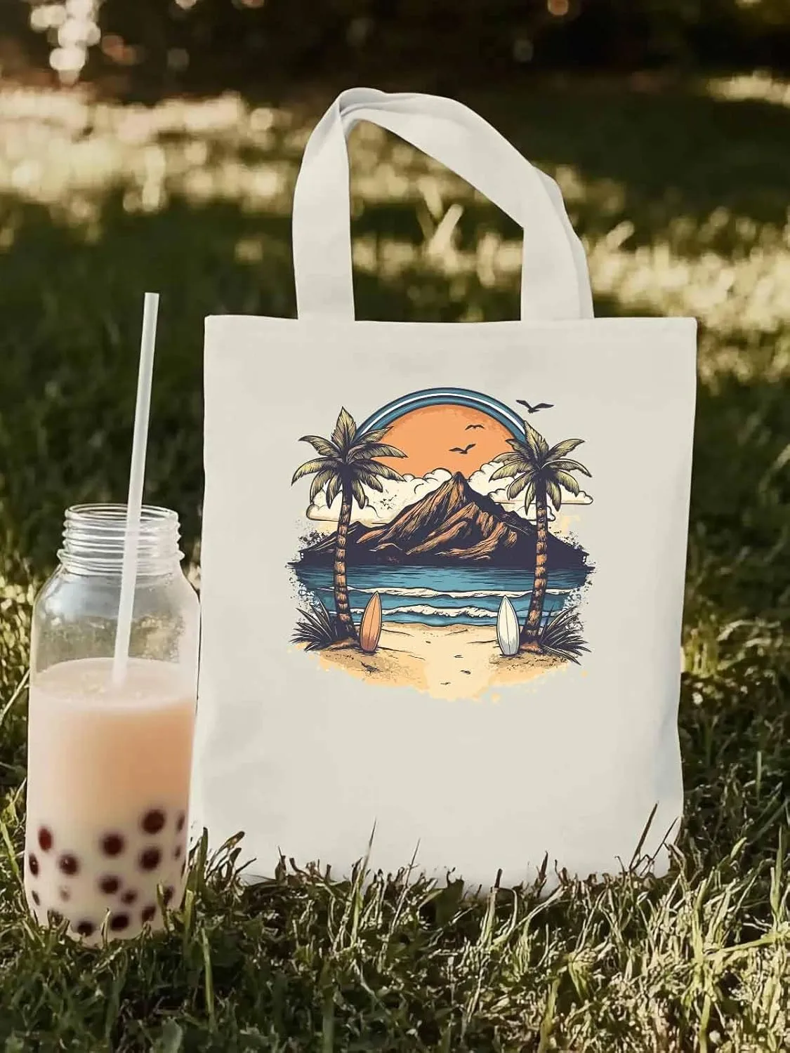Canvas Tote Bag, Ocean Mountain Surf Coconut Trees patterned Canvas Tote Handbags for Women Shoulder Bag,