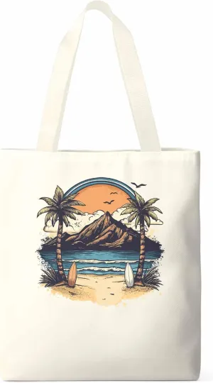 Canvas Tote Bag, Ocean Mountain Surf Coconut Trees patterned Canvas Tote Handbags for Women Shoulder Bag,