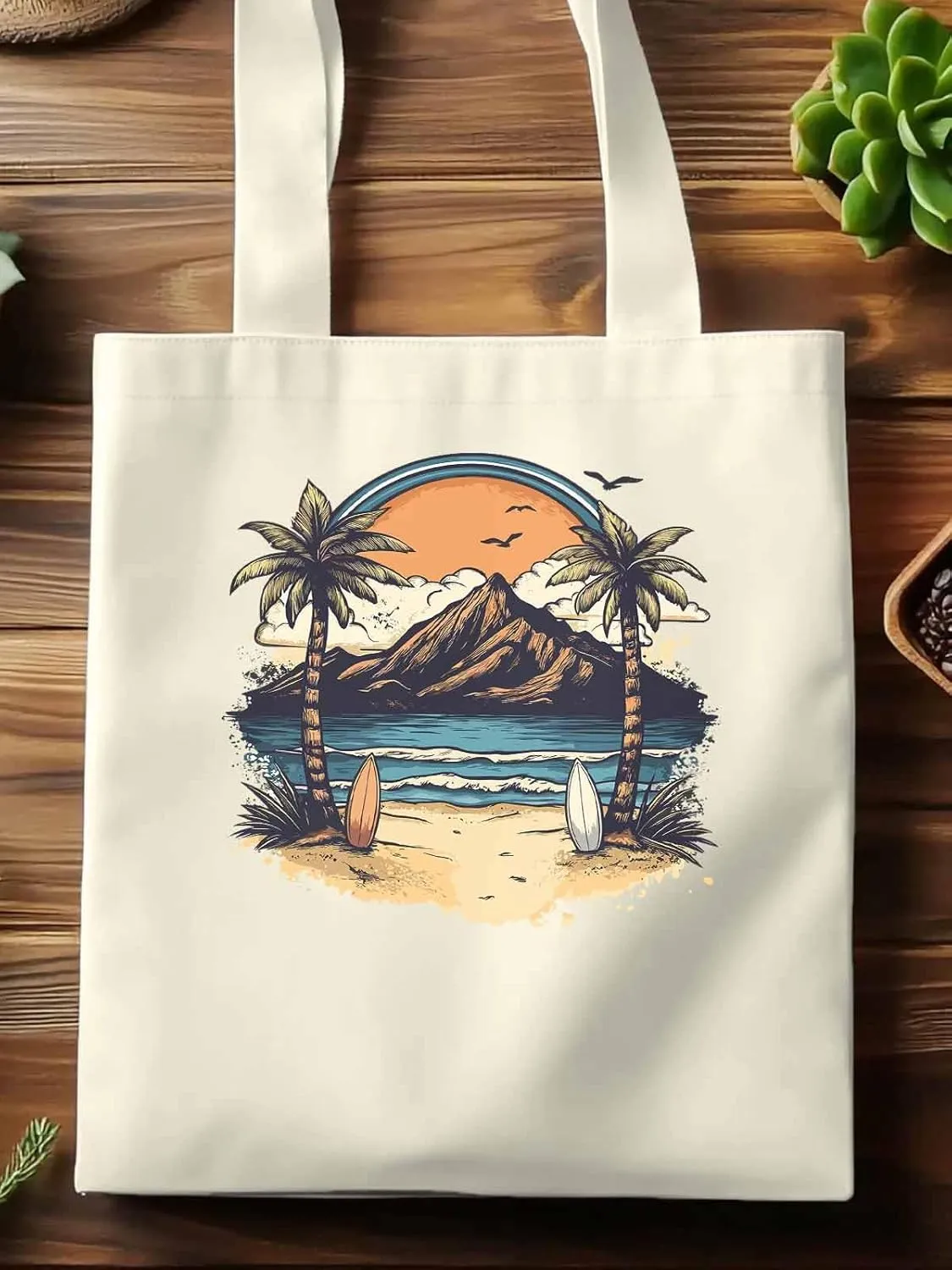 Canvas Tote Bag, Ocean Mountain Surf Coconut Trees patterned Canvas Tote Handbags for Women Shoulder Bag,