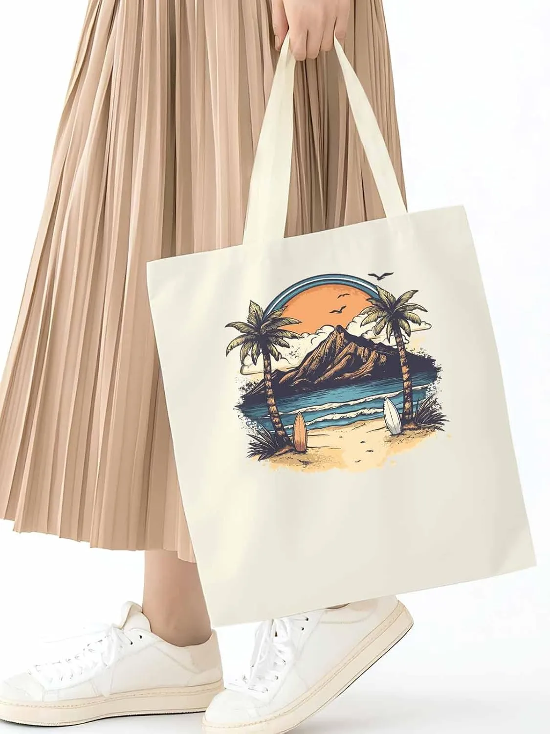 Canvas Tote Bag, Ocean Mountain Surf Coconut Trees patterned Canvas Tote Handbags for Women Shoulder Bag,