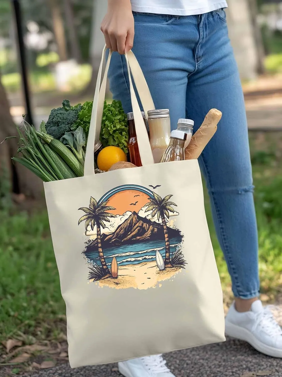 Canvas Tote Bag, Ocean Mountain Surf Coconut Trees patterned Canvas Tote Handbags for Women Shoulder Bag,