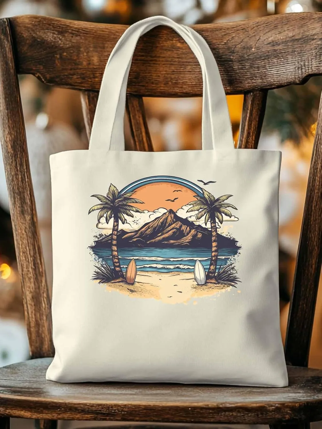Canvas Tote Bag, Ocean Mountain Surf Coconut Trees patterned Canvas Tote Handbags for Women Shoulder Bag,