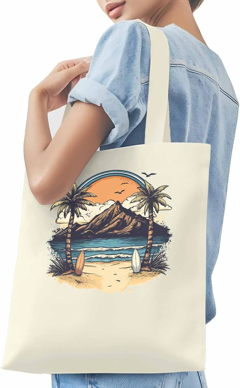 Canvas Tote Bag, Ocean Mountain Surf Coconut Trees patterned Canvas Tote Handbags for Women Shoulder Bag,