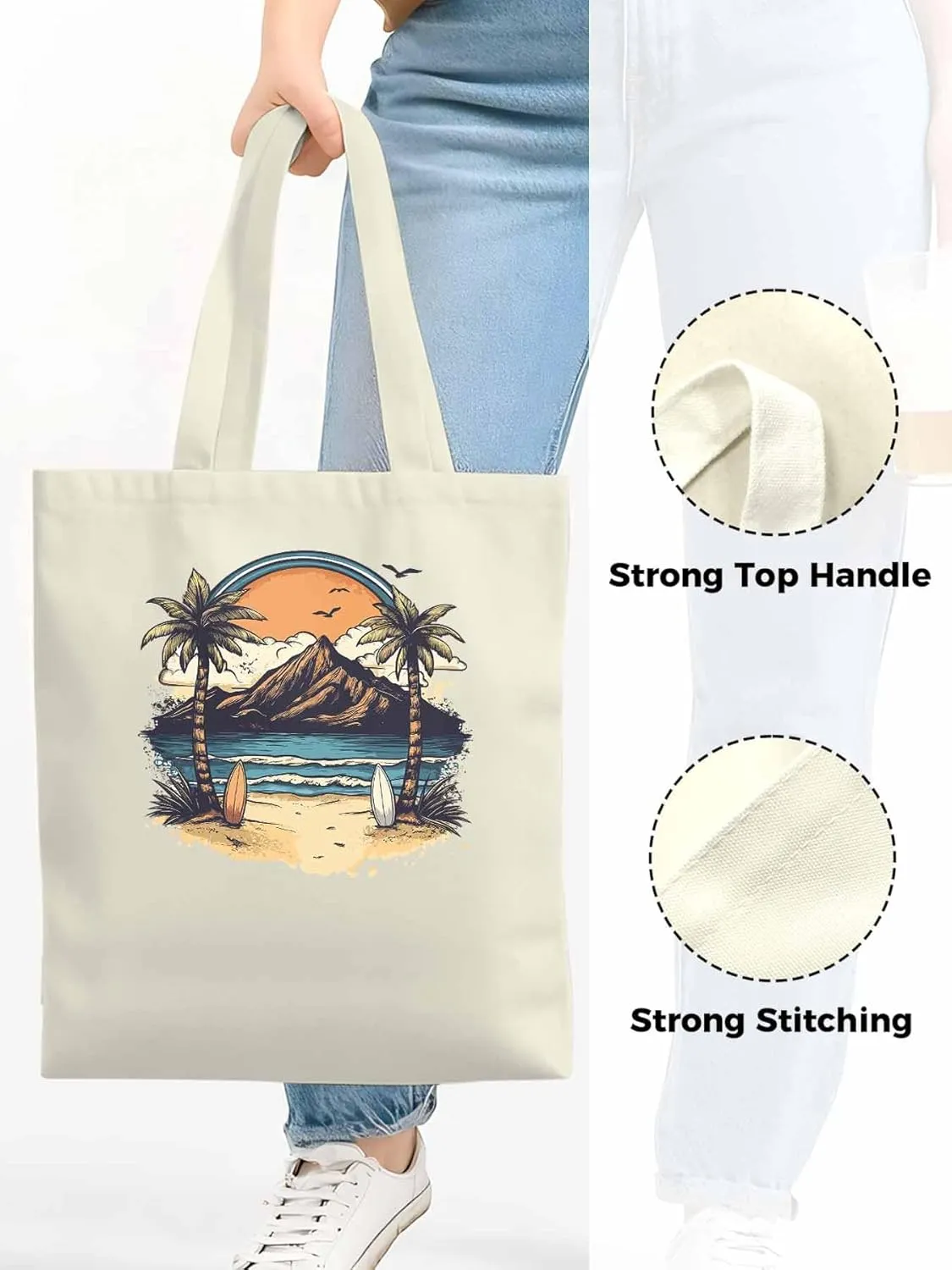 Canvas Tote Bag, Ocean Mountain Surf Coconut Trees patterned Canvas Tote Handbags for Women Shoulder Bag,