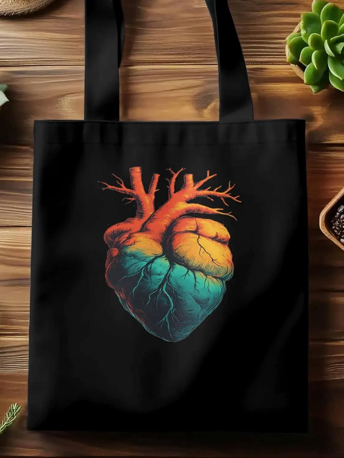 Canvas Tote Bag, Ombre Orange Teal Heart patterned Canvas Tote Handbags for Women Shoulder Bag,