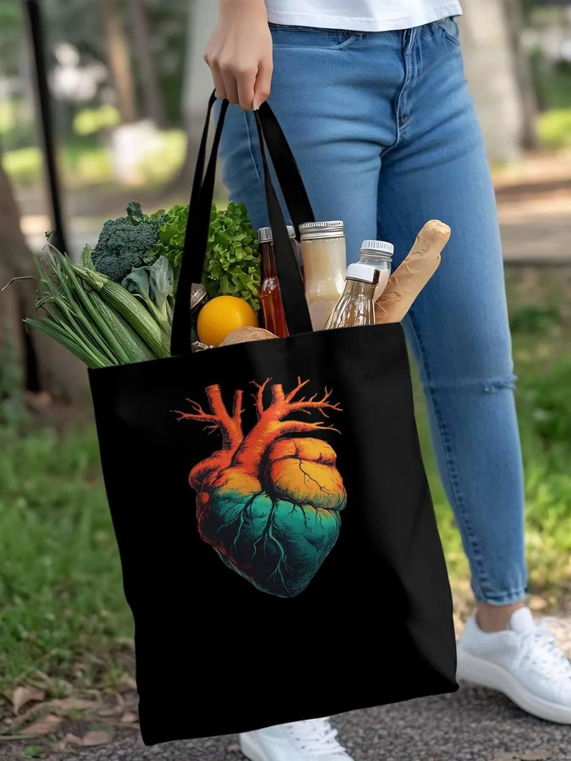 Canvas Tote Bag, Ombre Orange Teal Heart patterned Canvas Tote Handbags for Women Shoulder Bag,