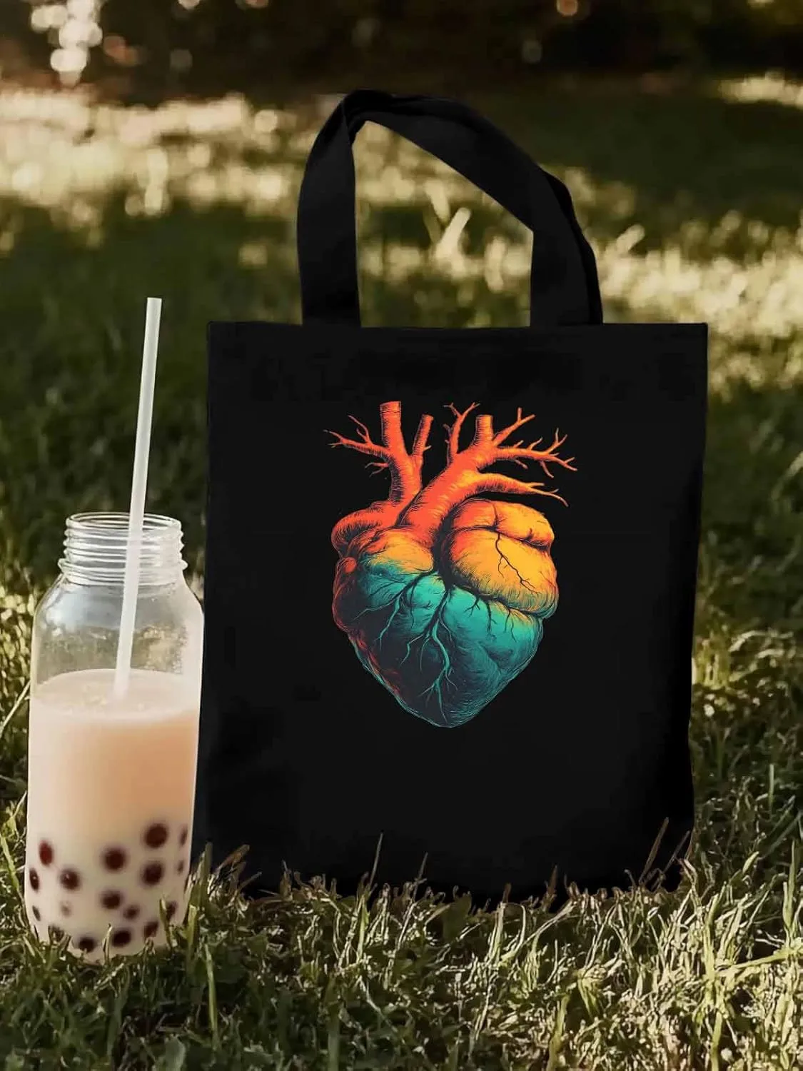 Canvas Tote Bag, Ombre Orange Teal Heart patterned Canvas Tote Handbags for Women Shoulder Bag,